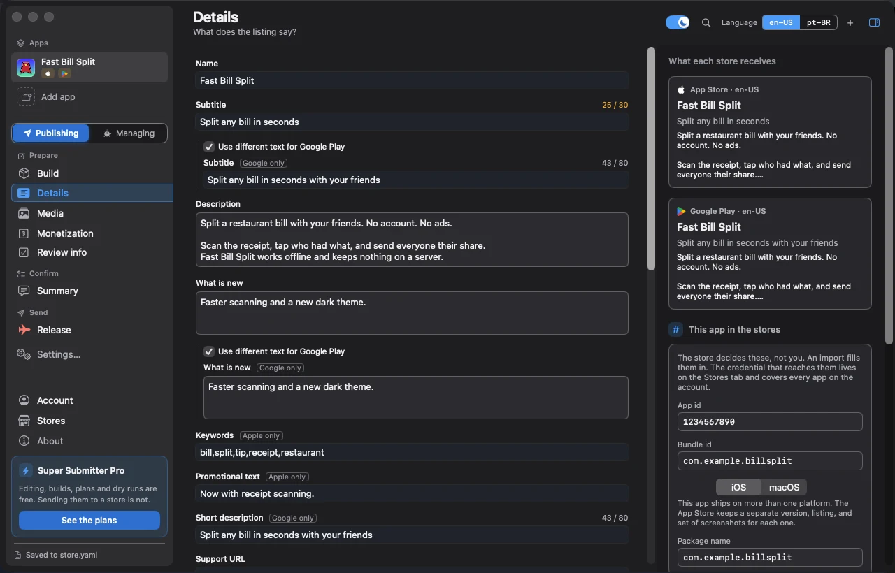 The Details tab. The subtitle field counts 25 of 30 characters, a separate Google Play subtitle counts 43 of 80 under it, and a panel on the right shows what the App Store and Google Play each receive.