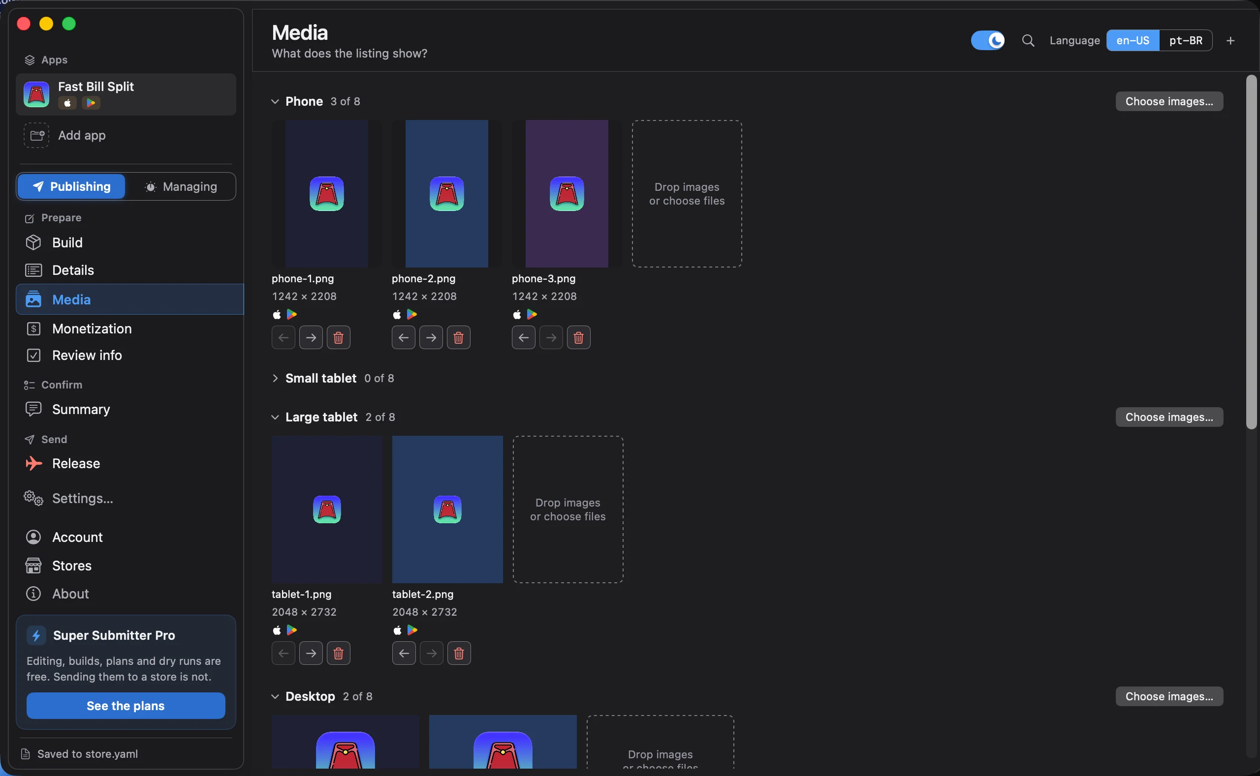 The Media tab. Phone, large tablet, and desktop rows hold screenshots, and every image is marked with the App Store and Google Play icons and its pixel size.